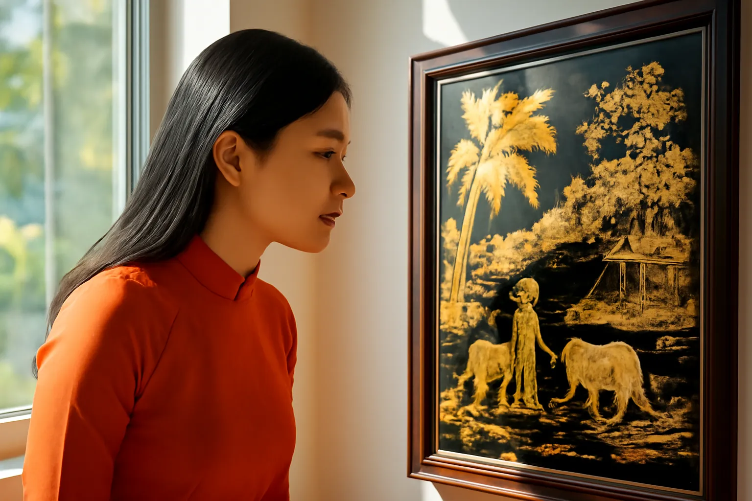 Cô gái nghiêng người ngắm tấm tranh sơn mài ánh vàng bạc cạnh cửa sổ nắng