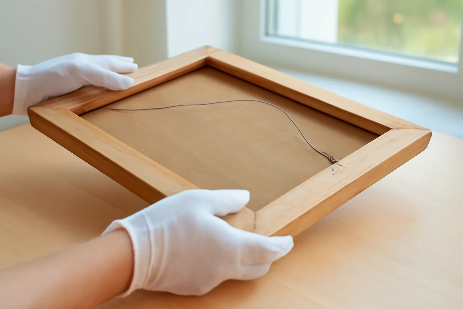 Tay đeo găng vải trắng lật xem mặt sau khung tranh trên bàn gỗ