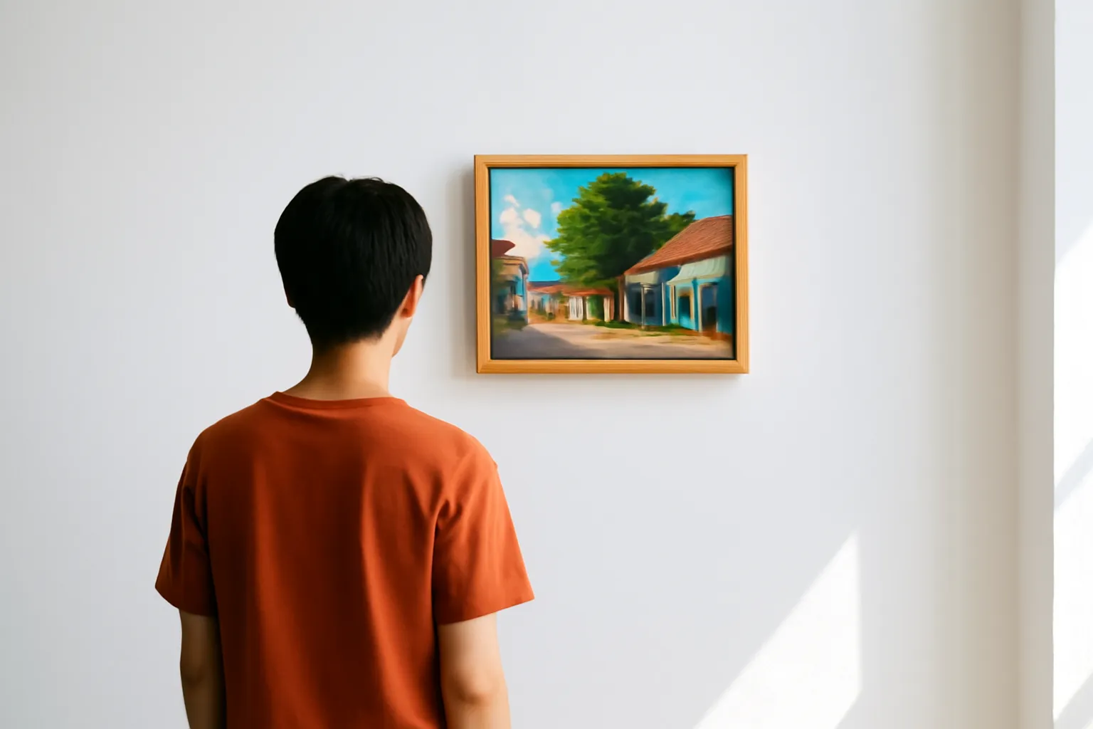 Người trẻ đứng xa ngắm bức tranh nhỏ trong phòng triển lãm tường trắng