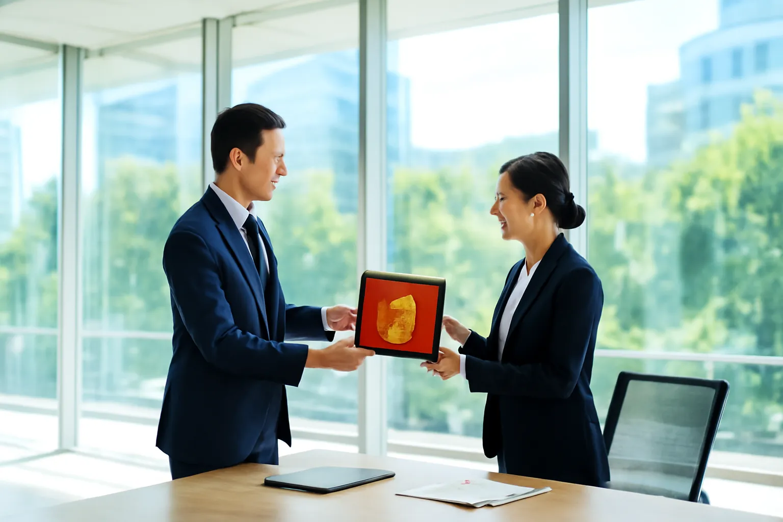 Hai người trao nhau bức tranh sơn mài nhỏ trong phòng họp kính sáng
