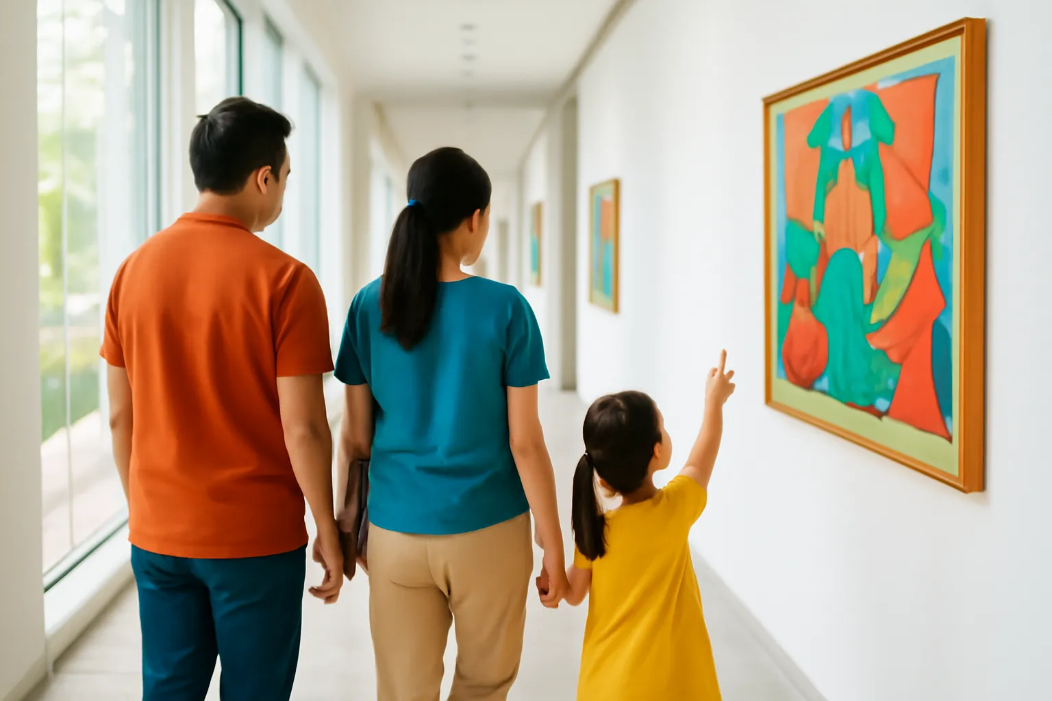 Gia đình ba người đi chậm trong hành lang triển lãm, em bé chỉ tay vào tranh