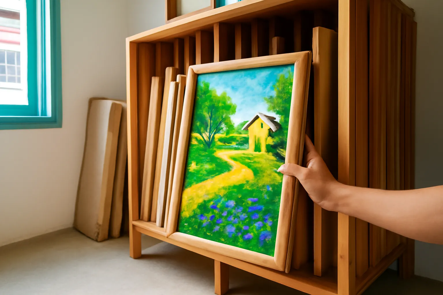 Giá gỗ có khe chứa các khung tranh bọc giấy, tay đang rút một bức ra