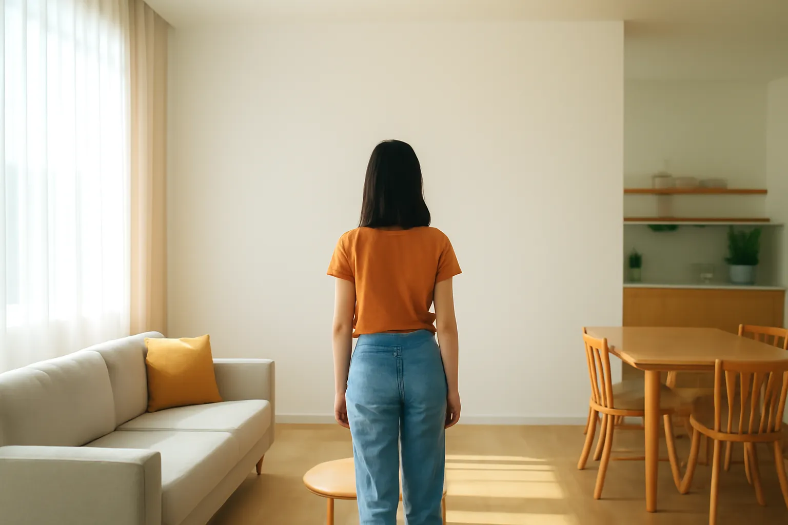 Người phụ nữ đứng xa ngắm bức tường trống trong căn hộ mở có nắng xiên qua rèm
