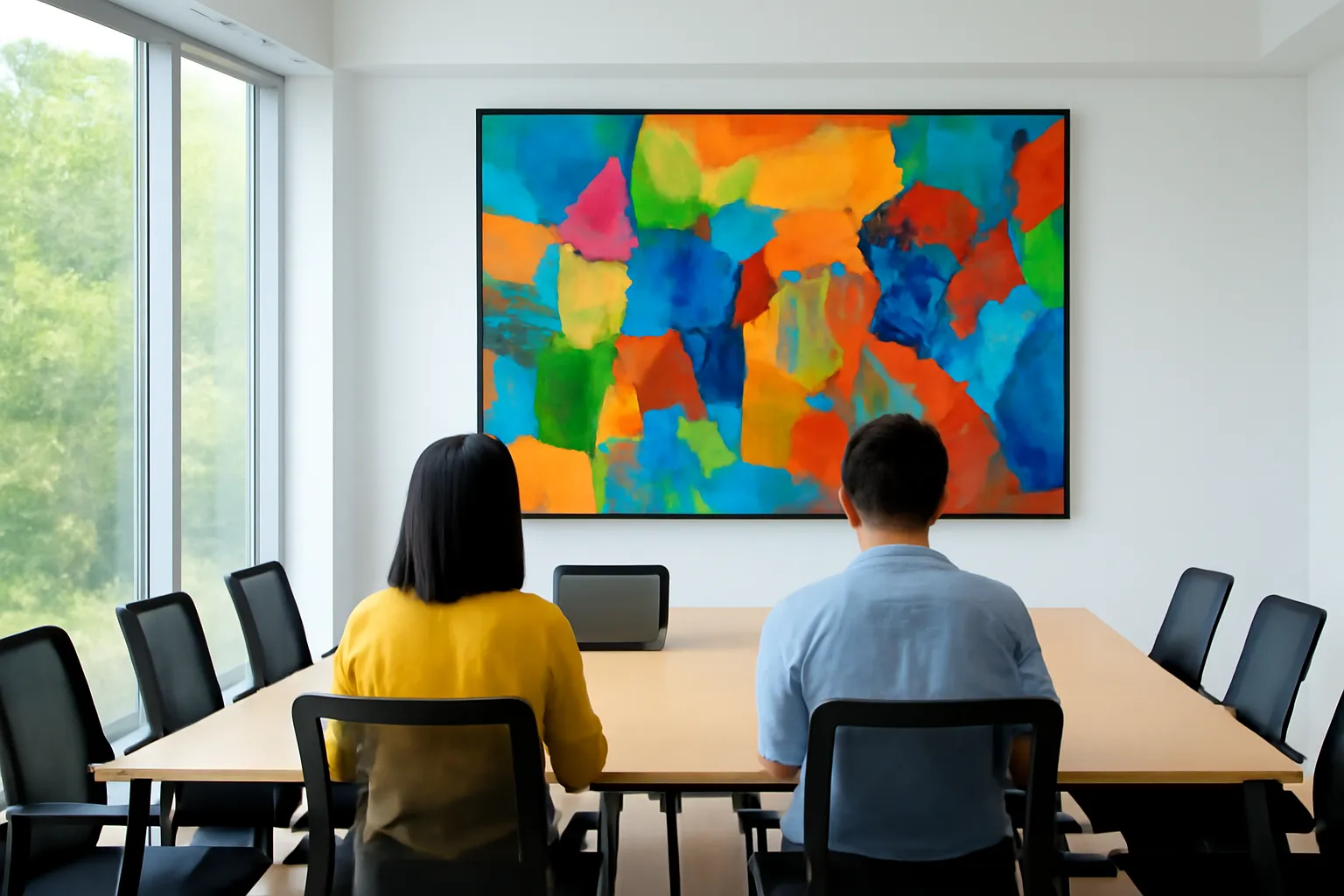 Phòng họp sáng sủa với bức tranh trừu tượng lớn sau bàn họp dài