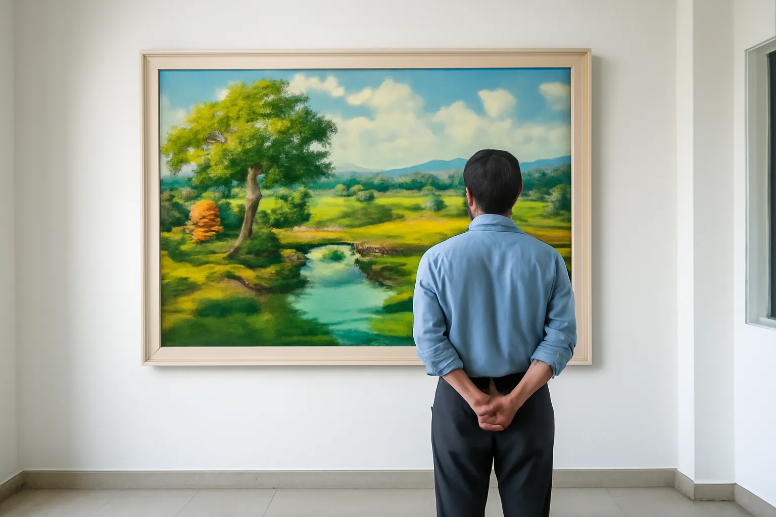 Người đàn ông đứng lùi xa ngắm bức tranh sơn dầu khổ lớn trong phòng trưng bày