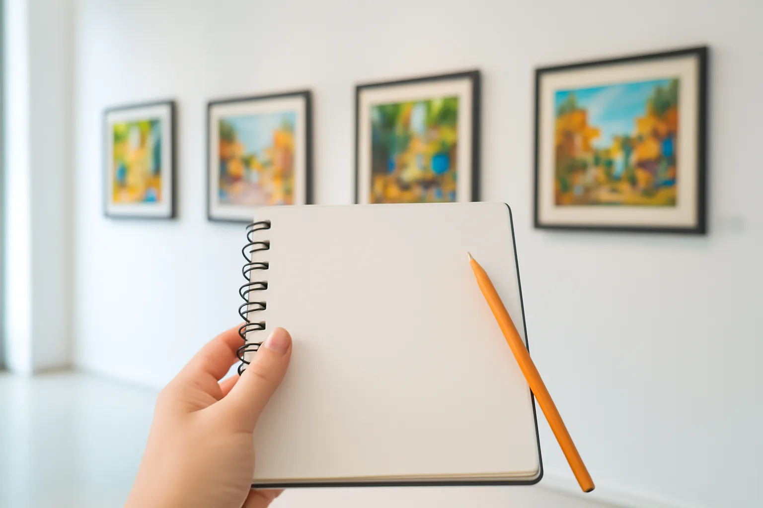 Bàn tay cầm sổ tay trống và bút chì, phía sau là dãy tranh treo tường
