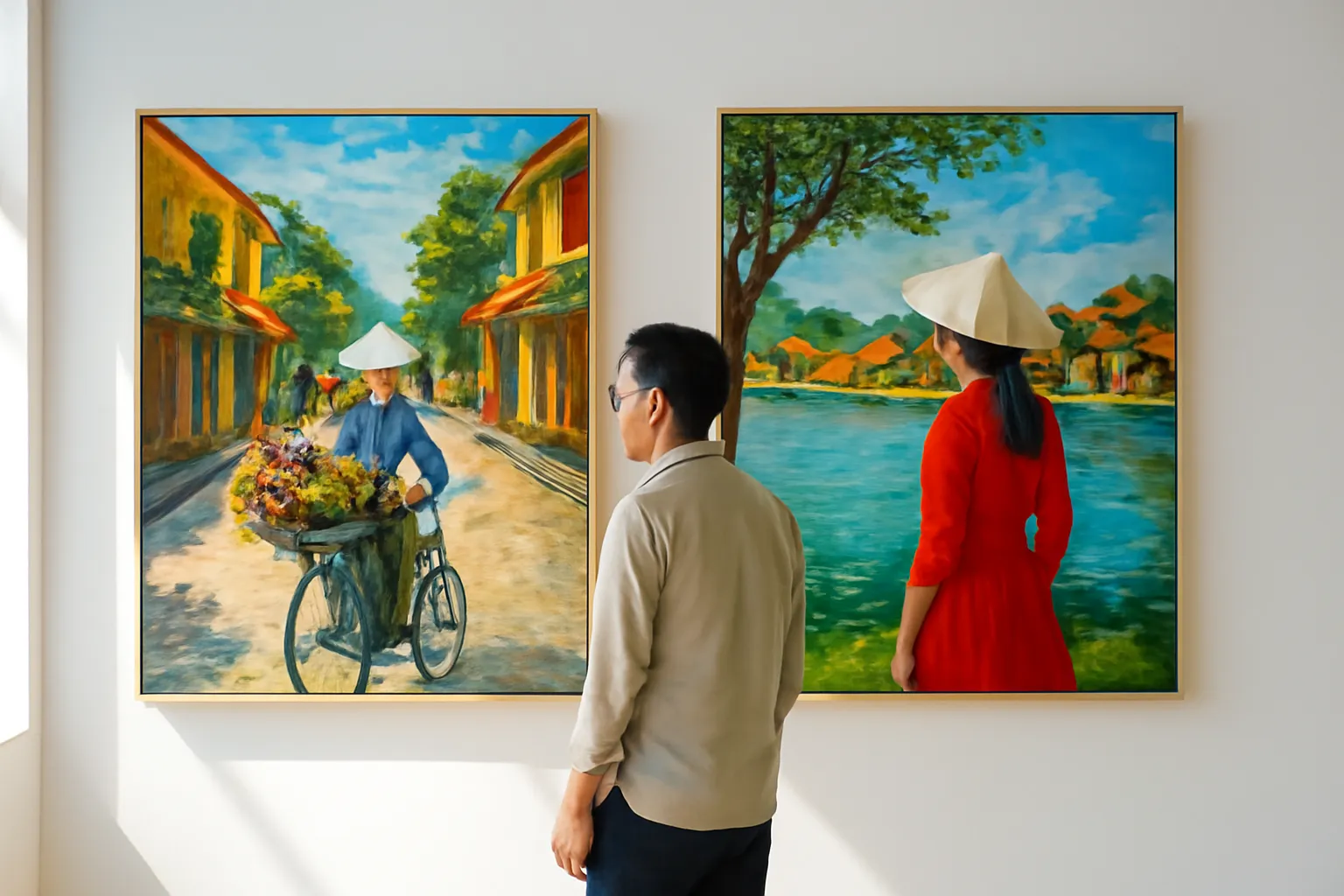 Hai bức sơn dầu cùng khổ treo cạnh nhau trên tường trắng, một người xem đứng nghiêng