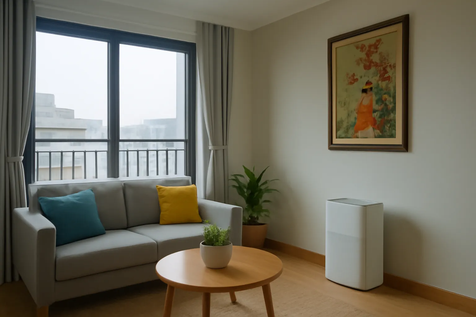 Phòng khách căn hộ Hà Nội có máy hút ẩm đặt cạnh tường treo tranh lụa