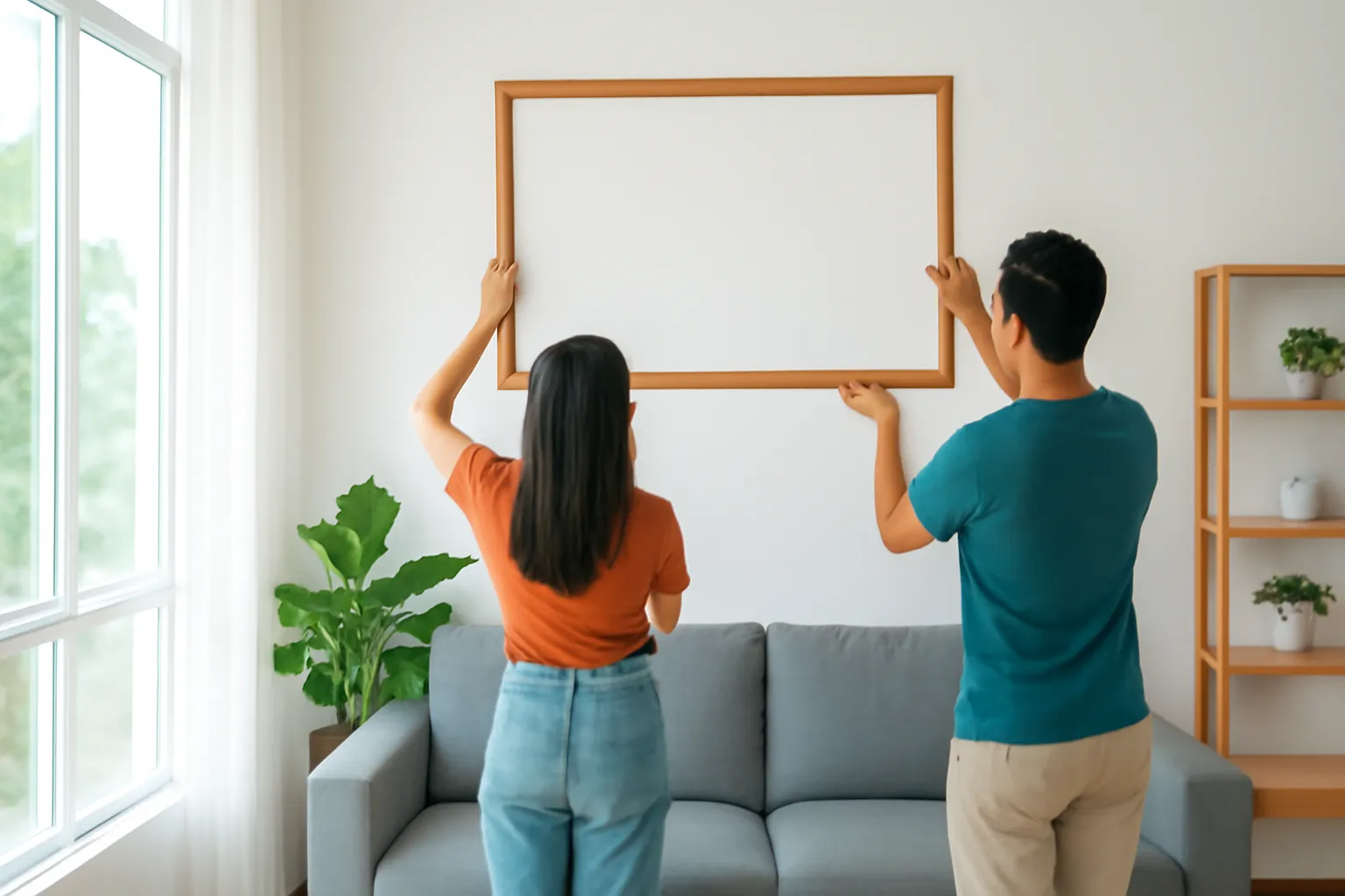 Hai người cầm khung tranh lớn ướm thử trên ghế sofa xám trong phòng khách sáng