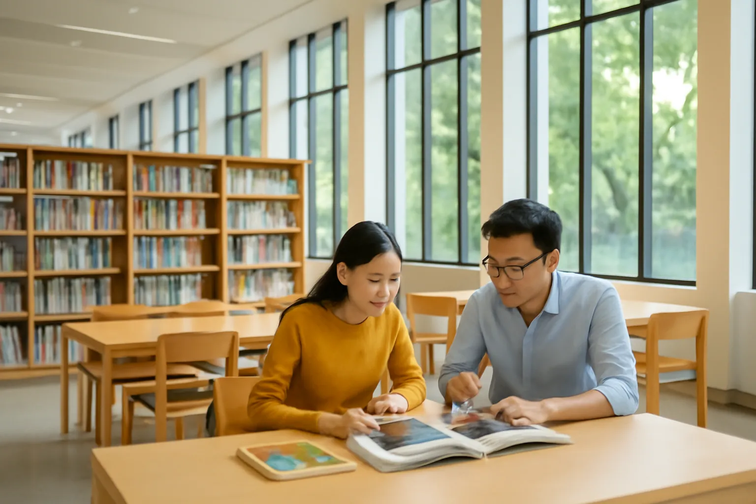 Hai người ngồi bàn dài trong thư viện sáng, xem ca-ta-lô triển lãm mở rộng