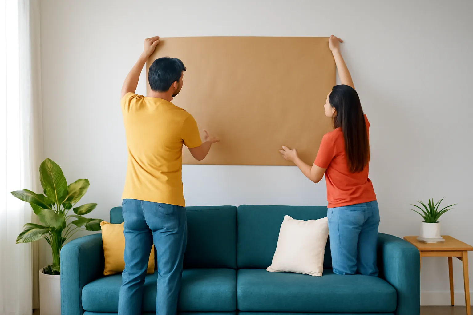 Cặp vợ chồng trẻ từ phía sau ướm tấm giấy kraft cỡ tranh lên tường phòng khách