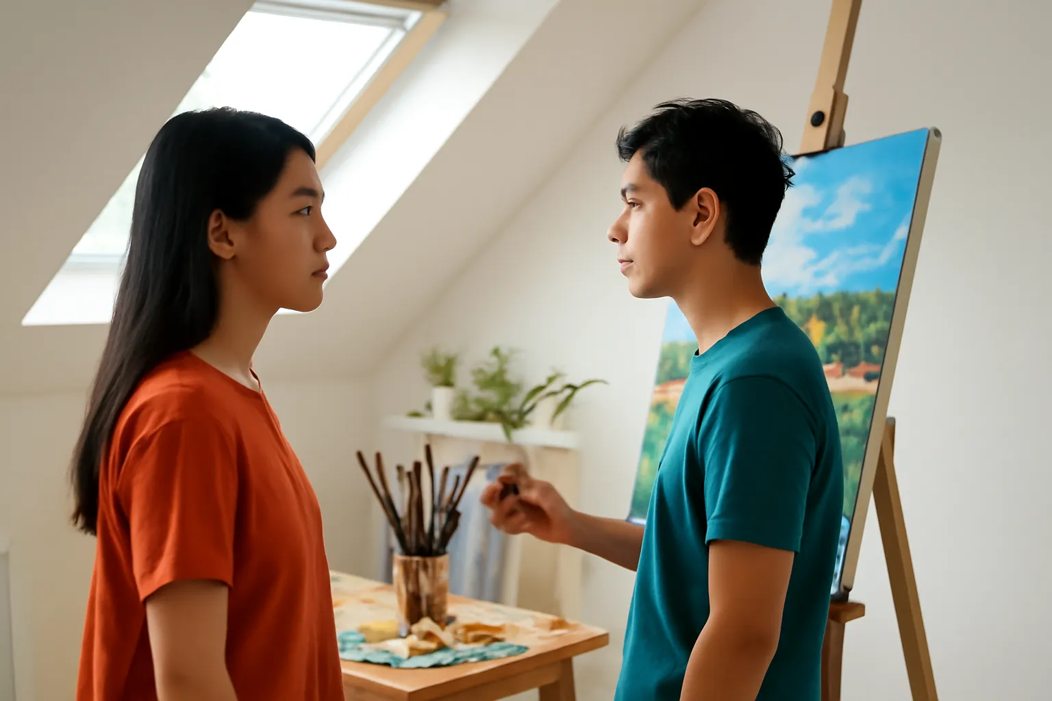 Hai người đứng nghiêng trước giá vẽ có bức sơn dầu dang dở trong xưởng áp mái