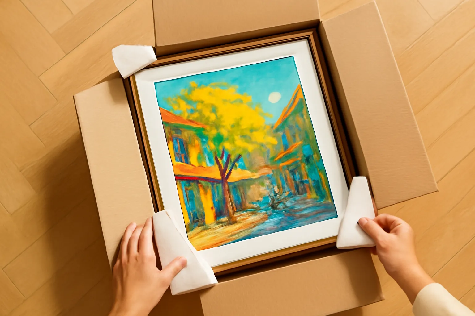 Tay người mở thùng carton, bóc lớp xốp bọc góc khung tranh trên sàn gỗ