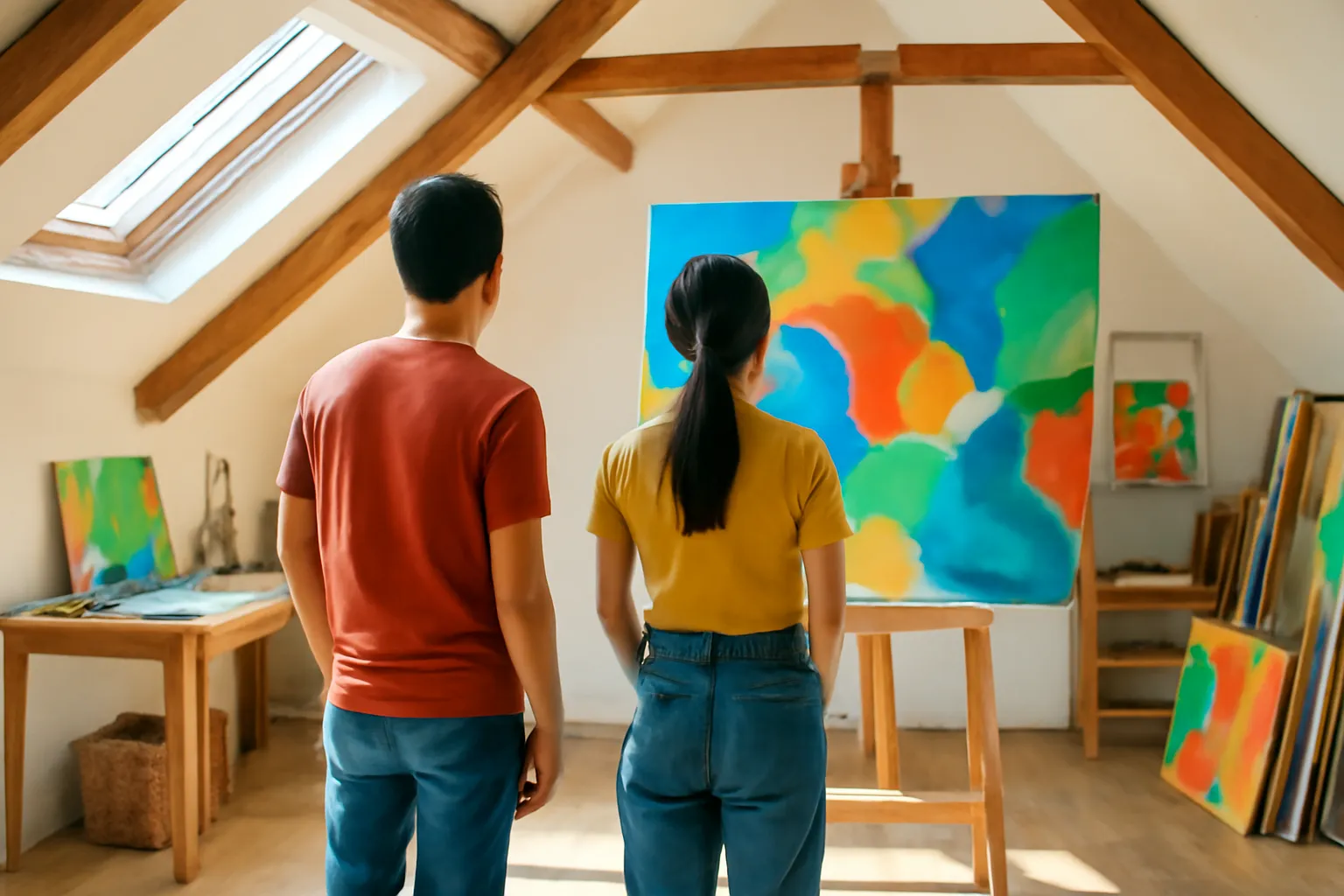 Hai người đứng từ phía sau trong xưởng vẽ áp mái, ngắm bức toan lớn trên giá vẽ