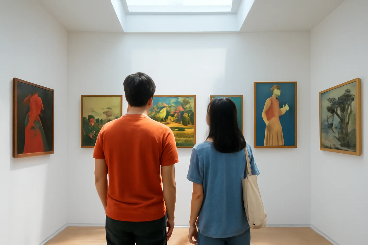 Hai người đứng xa ngắm bức tường phòng tranh treo nhiều chất liệu