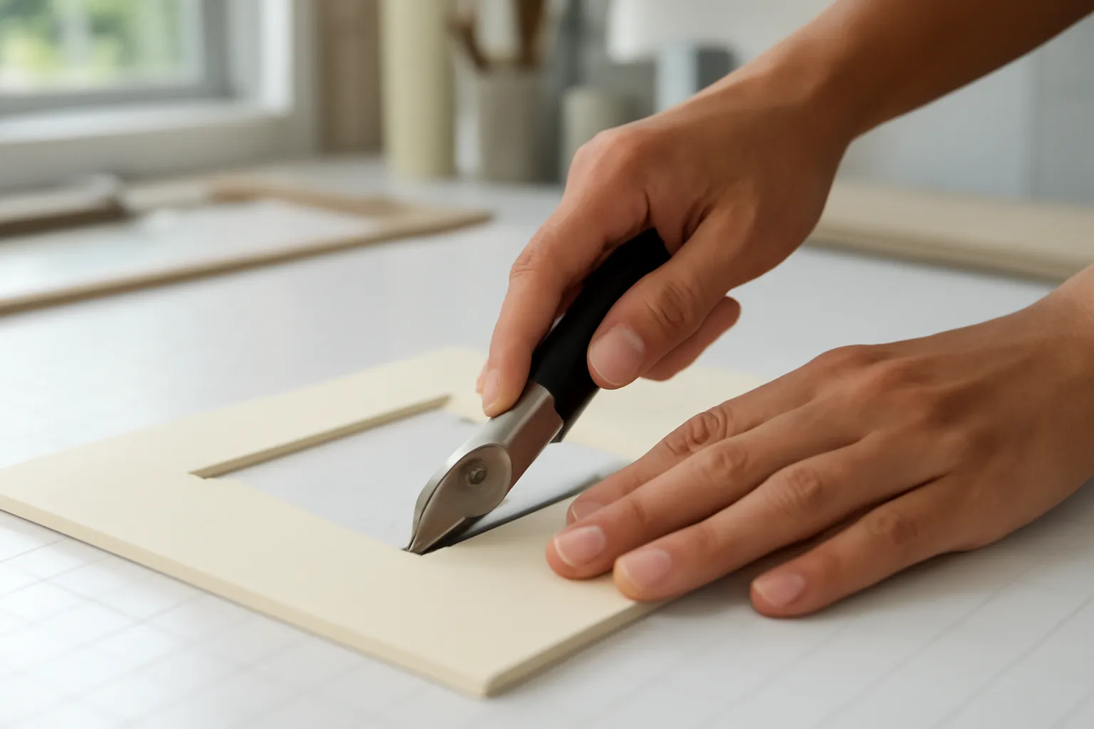 Tay cầm dao cắt vát viền giấy paspartu màu kem trên bàn cắt