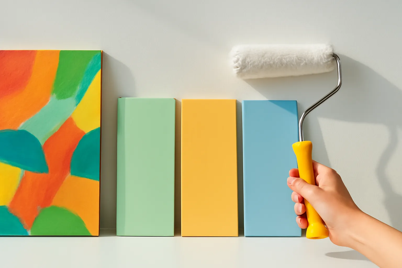 Ba mẫu tường sơn màu khác nhau dựng cạnh một bức tranh, tay cầm cọ lăn sơn
