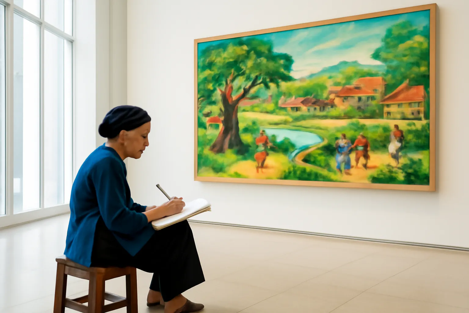 Người phụ nữ lớn tuổi ngồi ghế đẩu phác hoạ trước bức tranh lụa trong bảo tàng