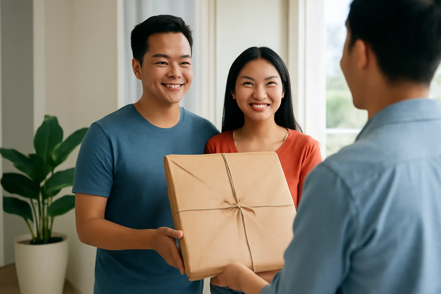 Cặp vợ chồng trẻ nhận gói tranh bọc giấy kraft ở cửa căn hộ mới