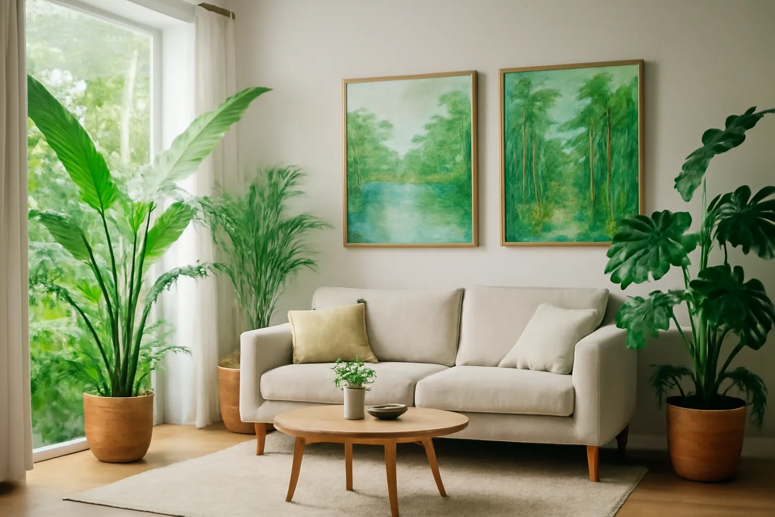 Phòng khách nhiều cây xanh sau mưa, tranh treo trên tường xa cửa sổ
