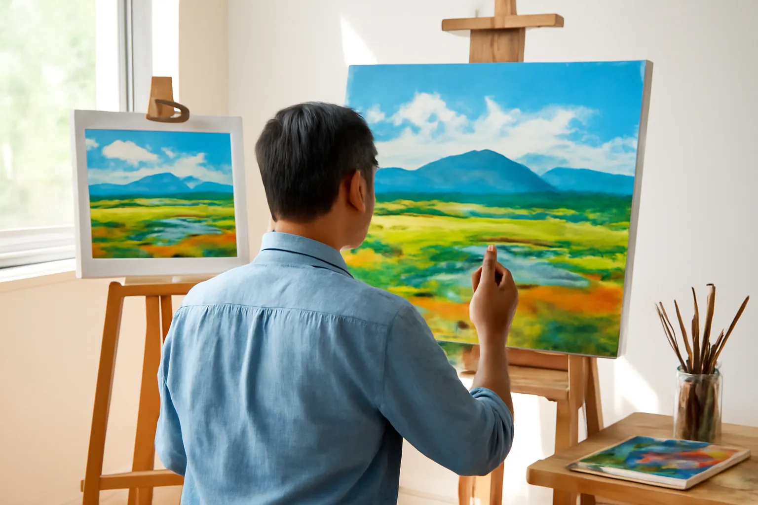 Hoạ sĩ từ phía sau đang chép một bức phong cảnh, bản in mẫu đặt trên giá bên cạnh