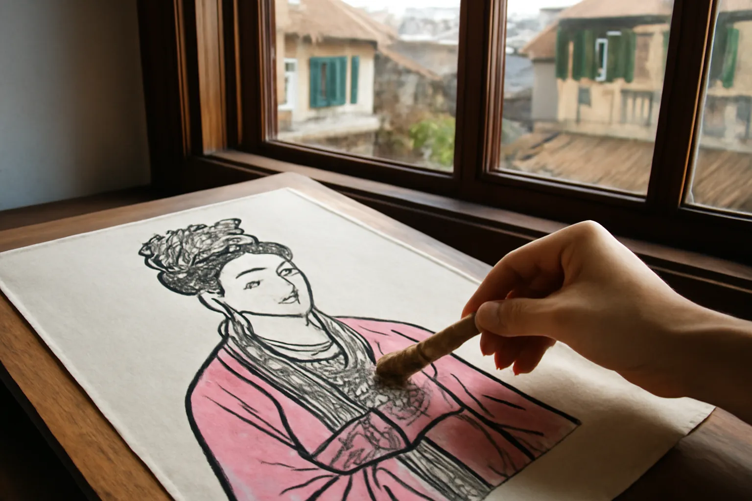 Bàn tay cầm bút lông vờn màu hồng lên bức tranh in nét đen