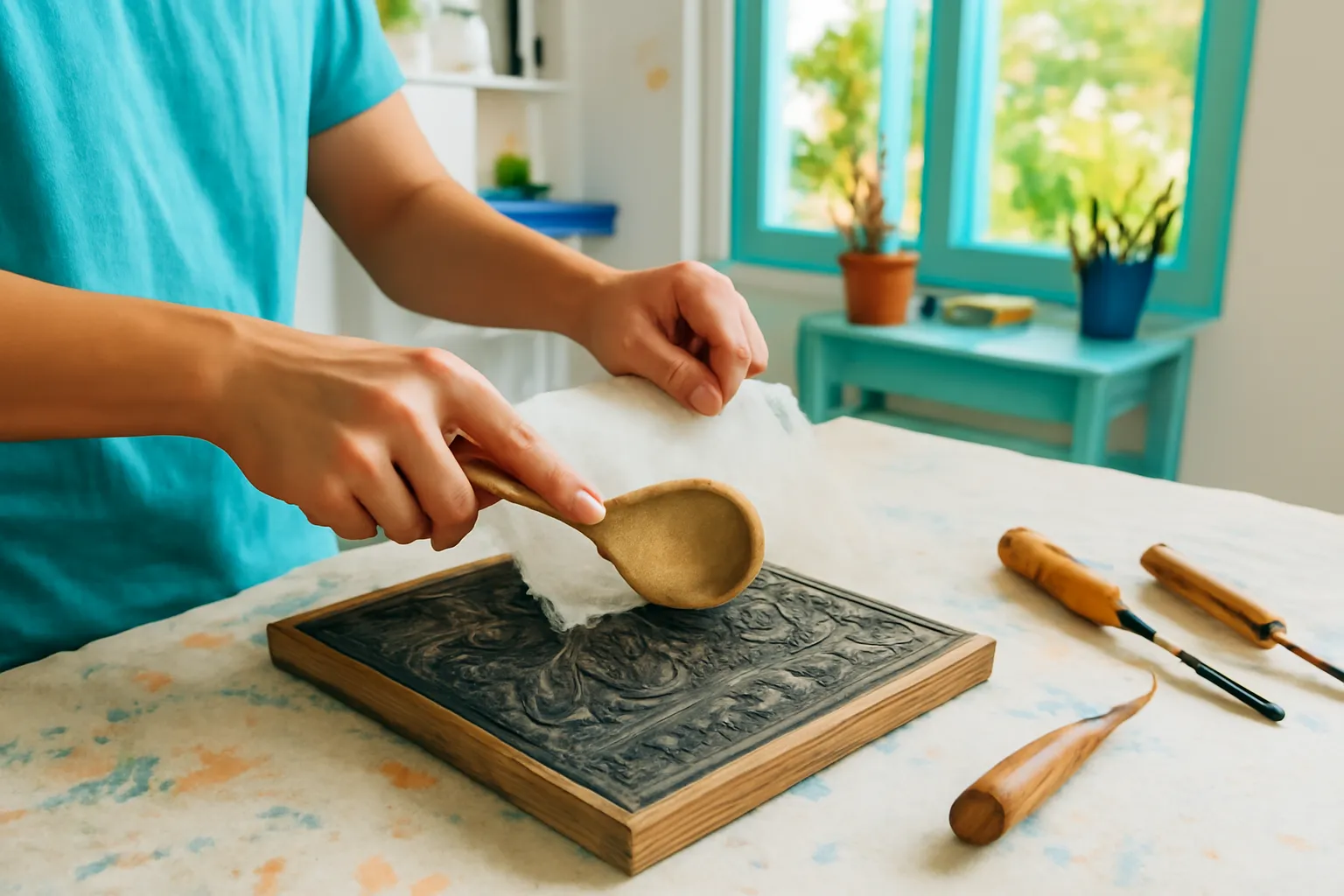 Bàn tay miết thìa gỗ lên lưng tờ giấy dó đặt trên ván khắc