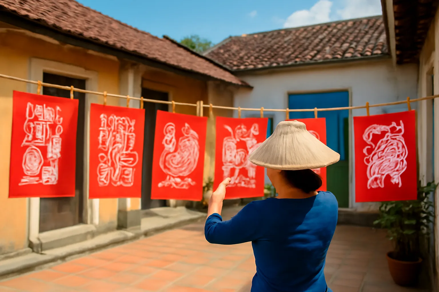 Những tờ tranh giấy đỏ phơi trên dây tre giữa sân nhà làng quê