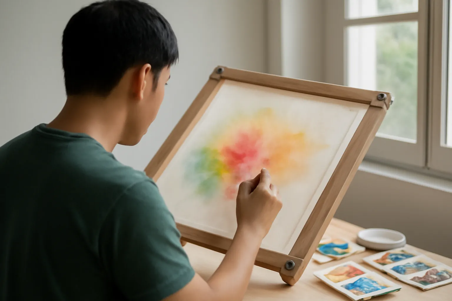 Hoạ sĩ tô lớp màu mỏng lên tấm lụa căng khung bên cửa sổ