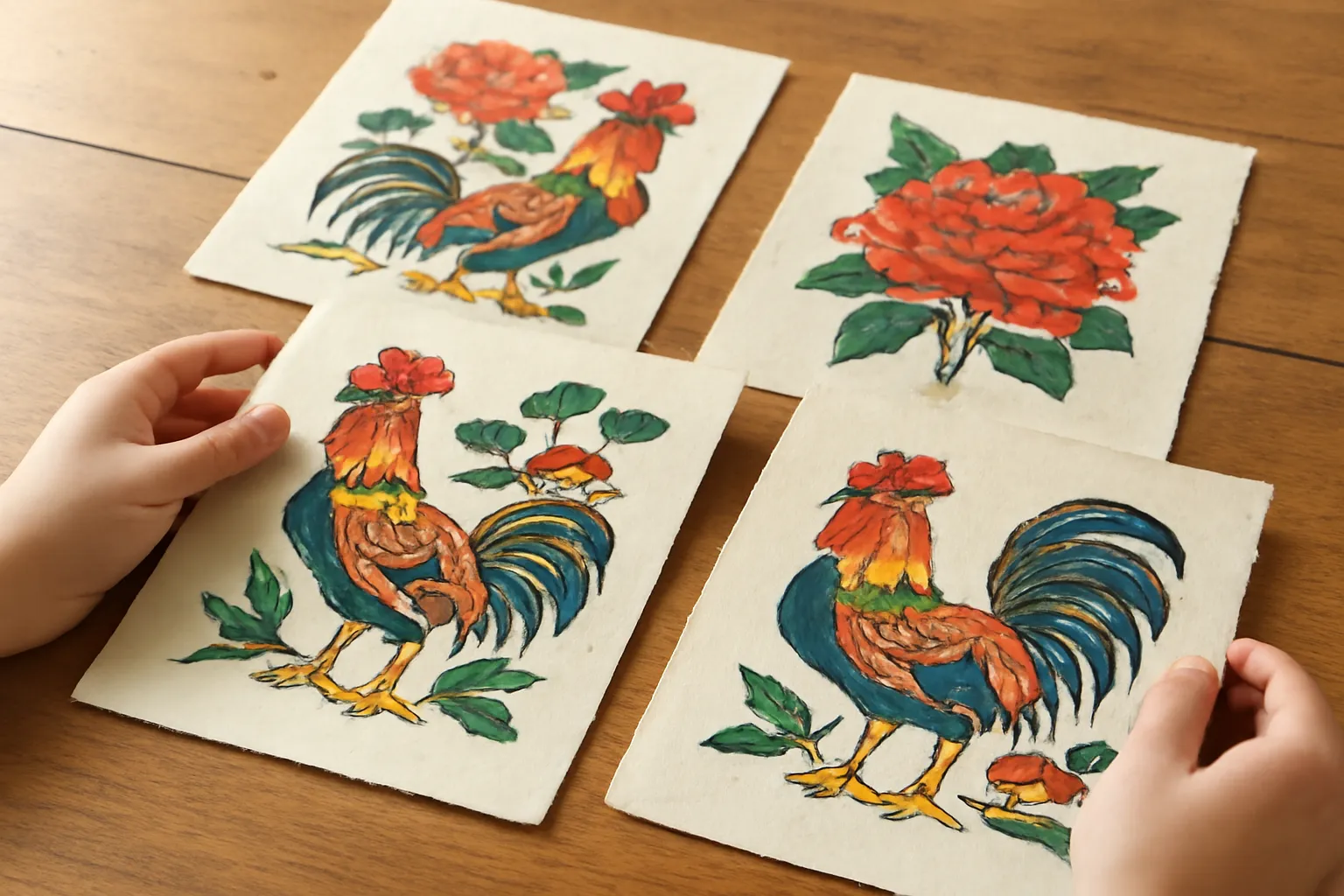 Bàn trưng bày tranh Đông Hồ giấy dó hình gà trống và hoa mẫu đơn, tay người lật xem