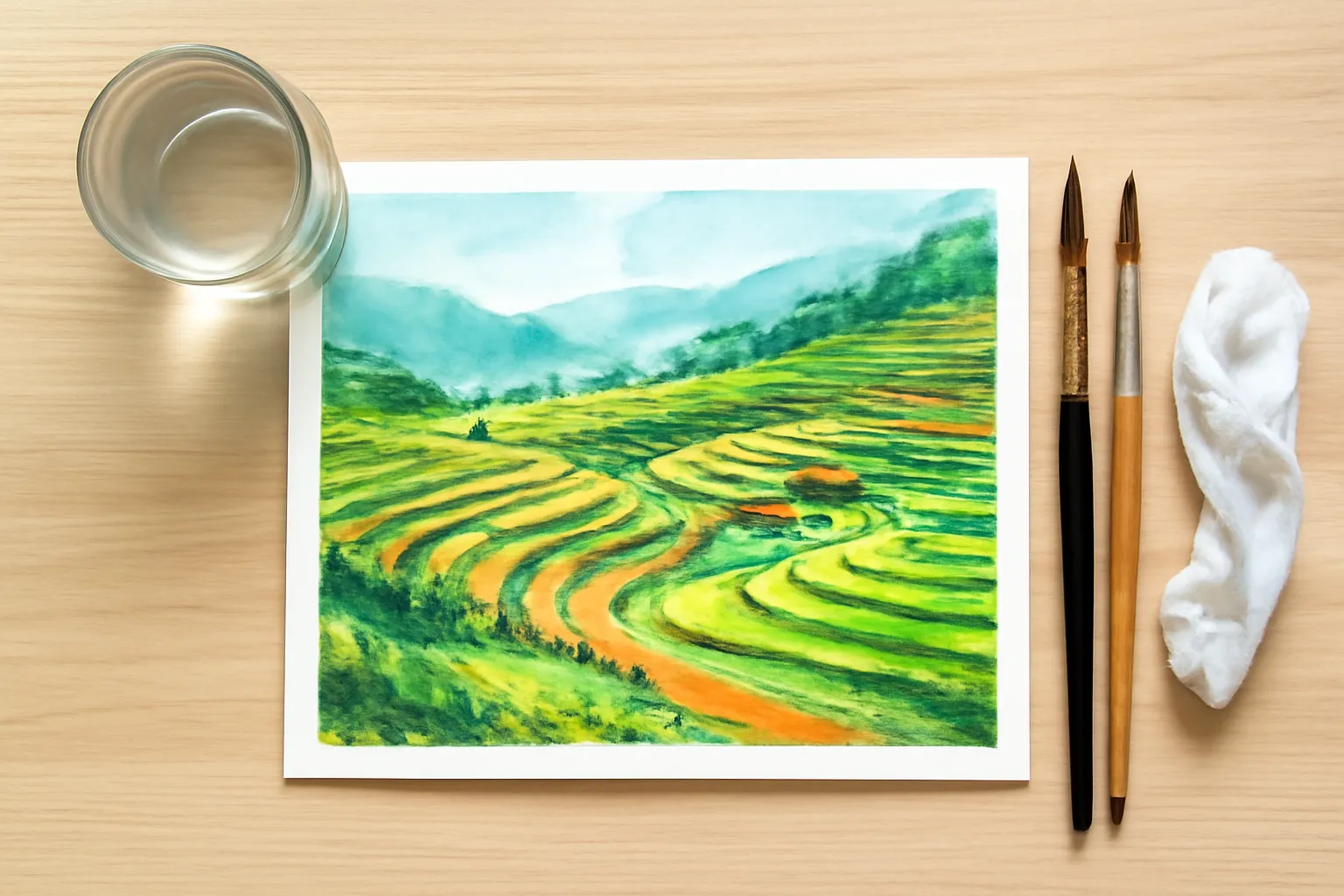 Tranh màu nước ruộng bậc thang trên bàn cùng cây cọ và khăn ướt