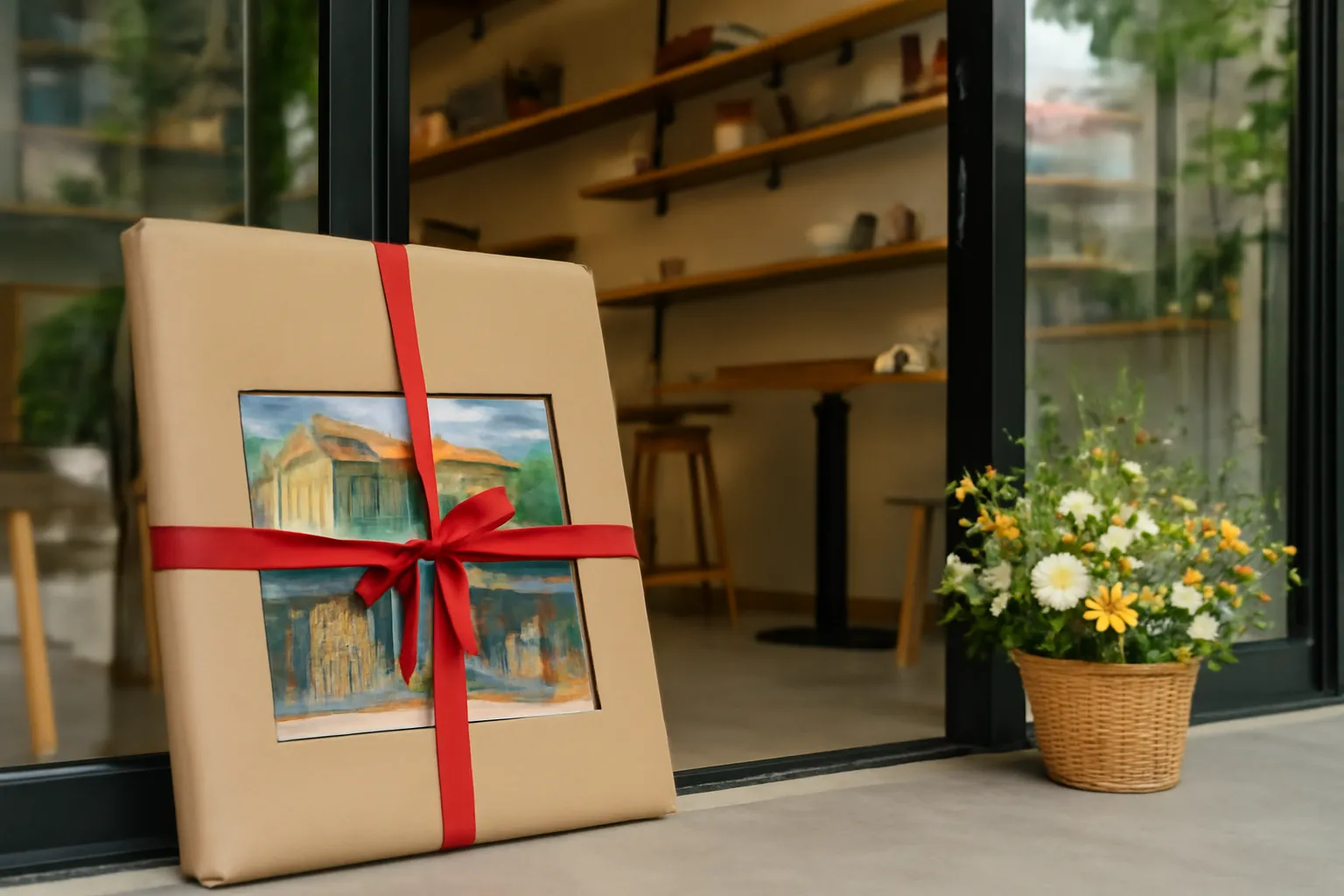 Bức tranh bọc giấy kraft có nơ đỏ dựa cửa kính cửa hàng mới, cạnh lẵng hoa