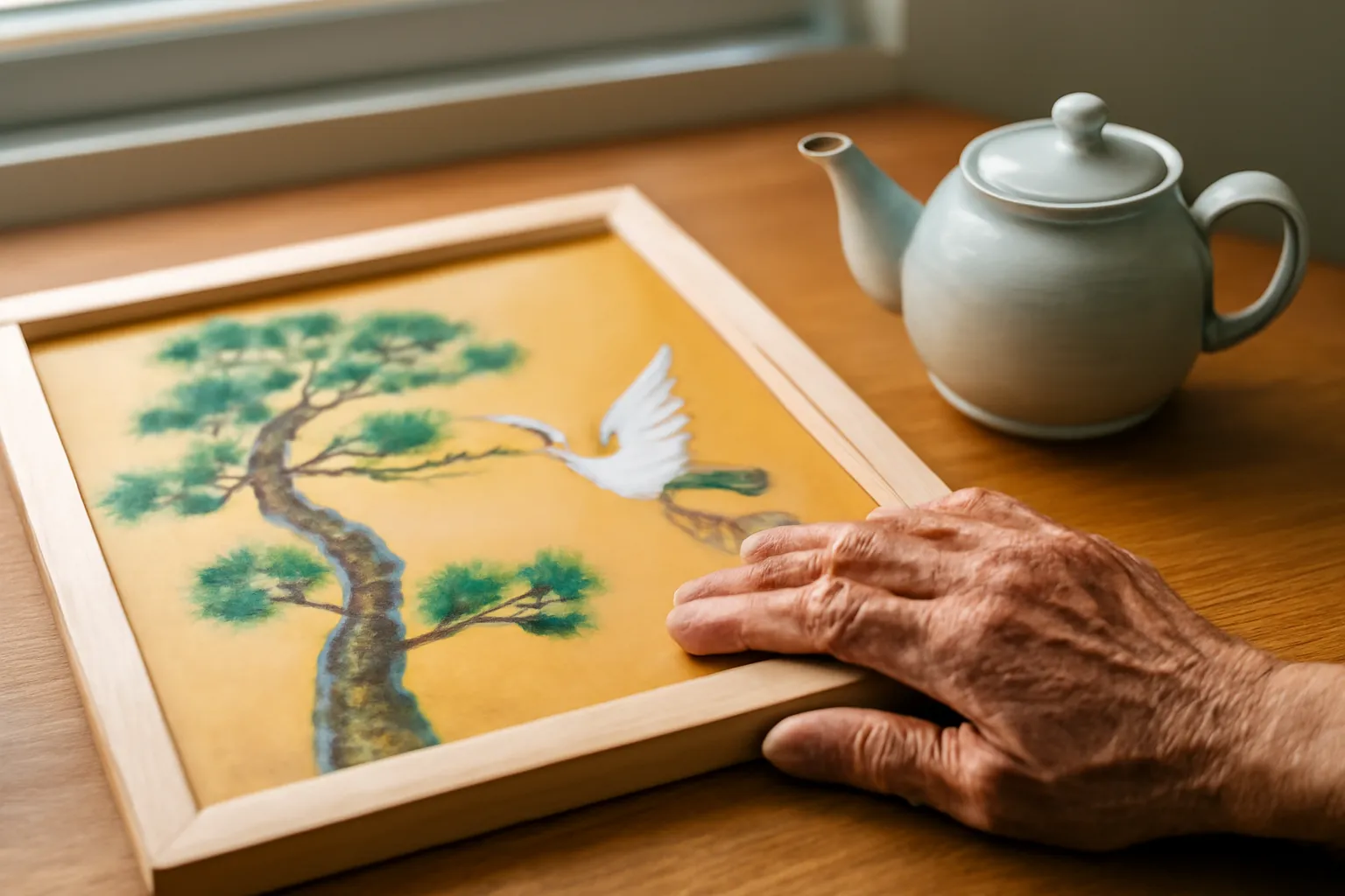 Bàn tay người cao tuổi đặt lên khung tranh tùng hạc trên bàn gỗ cạnh ấm trà