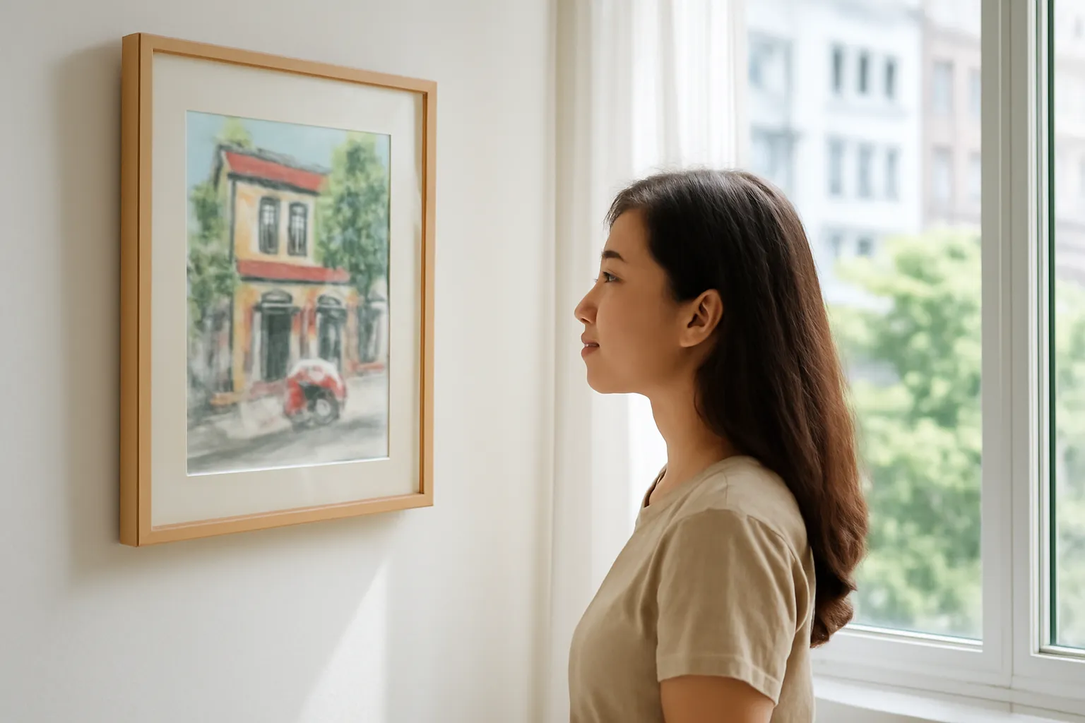 Người phụ nữ nhìn nghiêng bức tranh màu nước lồng kính treo cạnh cửa sổ