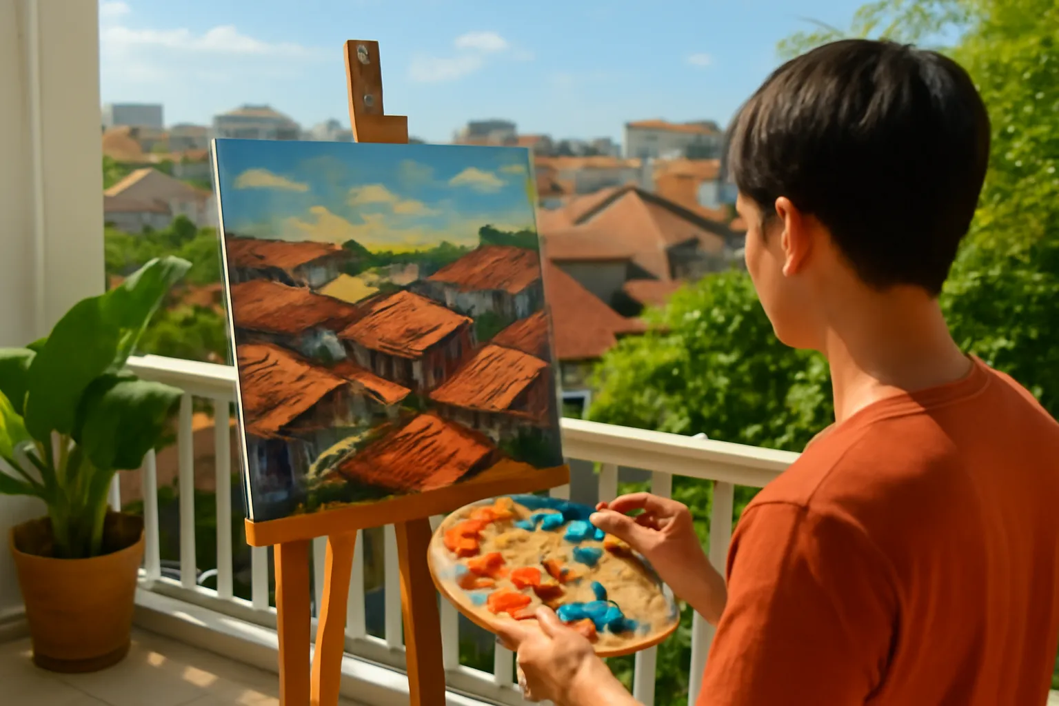 Giá vẽ với bức sơn dầu phố cổ mái ngói dở dang trên ban công