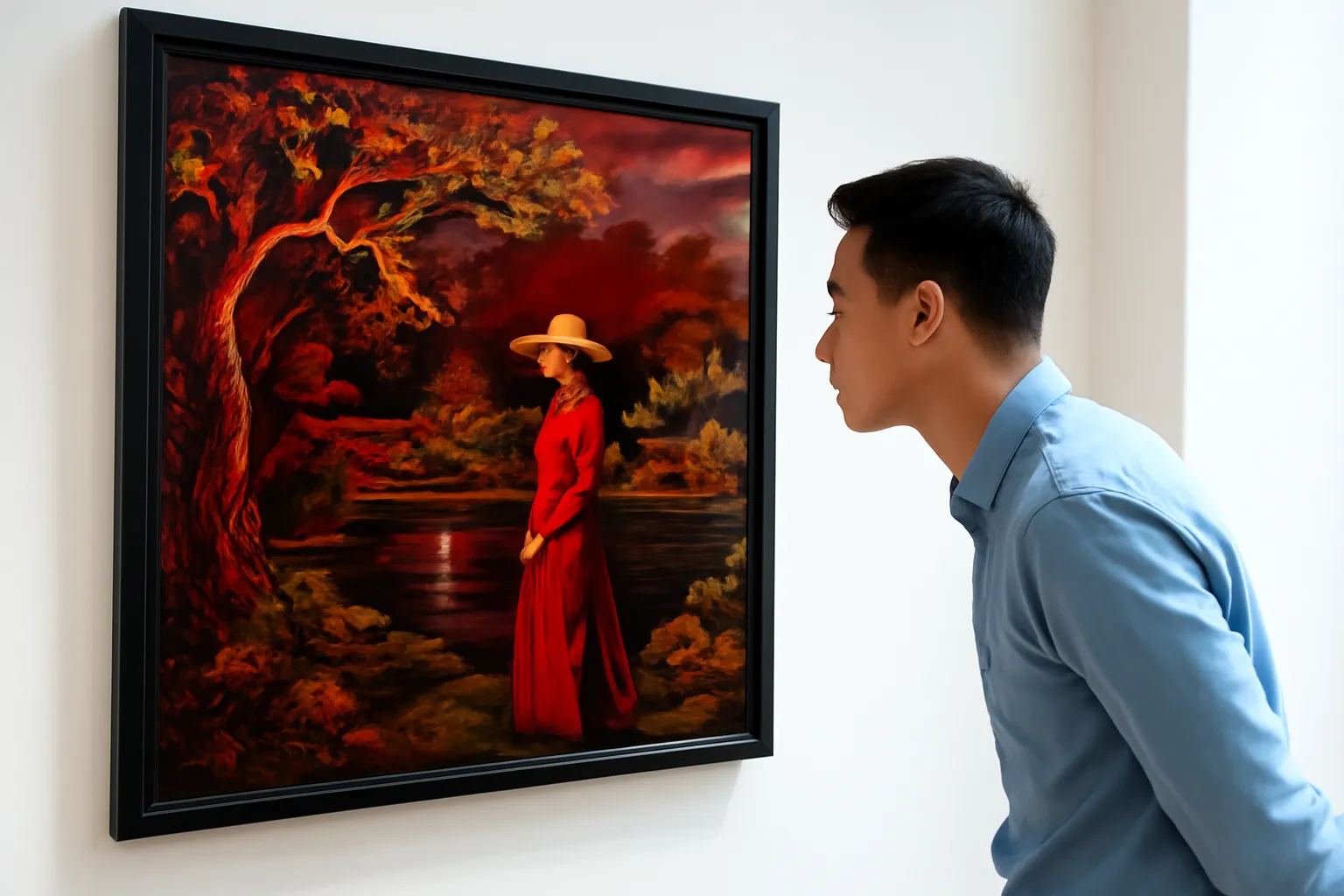 Khách nghiêng người ngắm tranh sơn mài đen đỏ vàng trên tường trắng