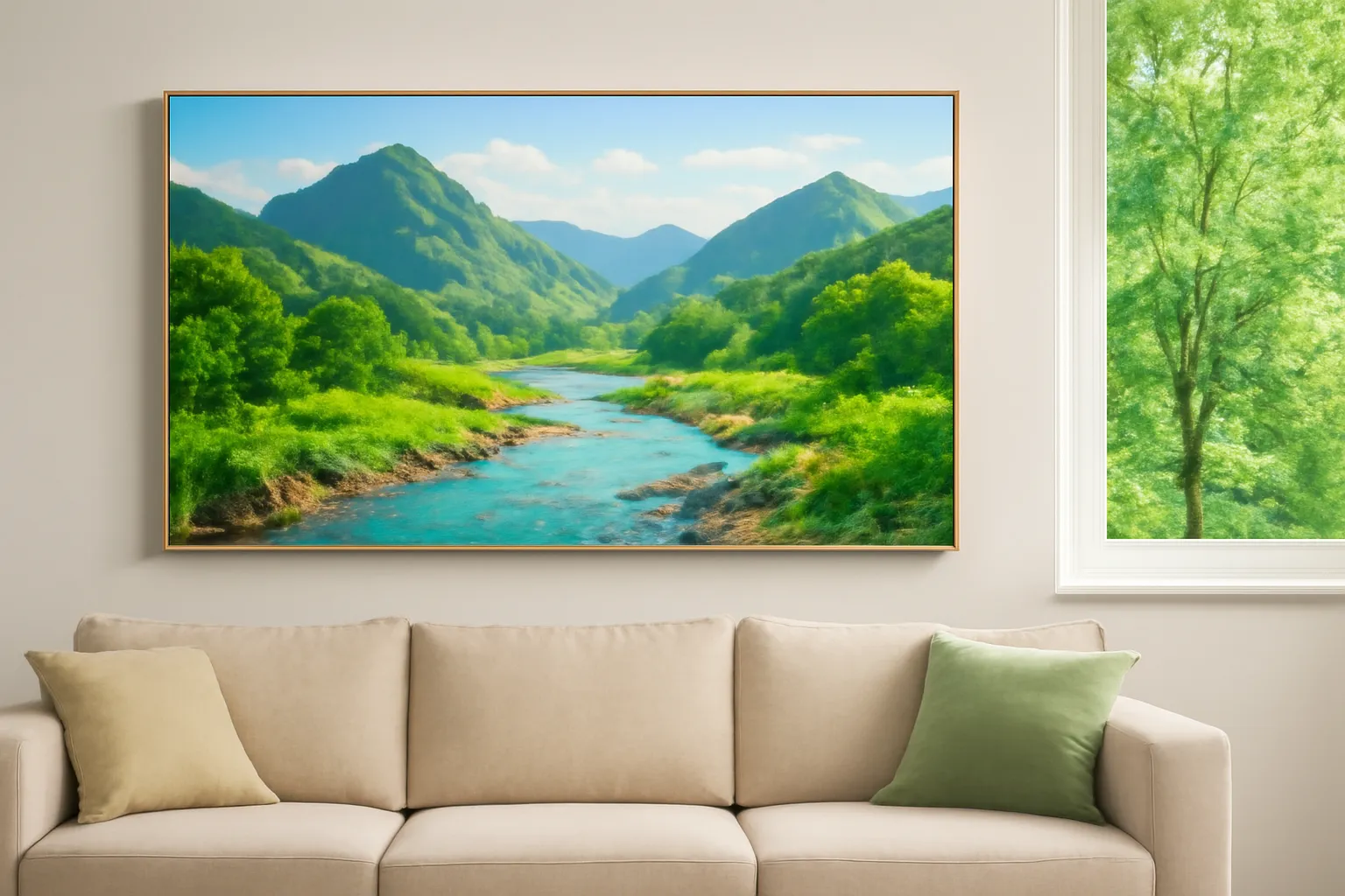 Bức tranh sơn thuỷ khổ ngang treo trên sofa màu be cạnh cửa sổ nhìn ra cây xanh