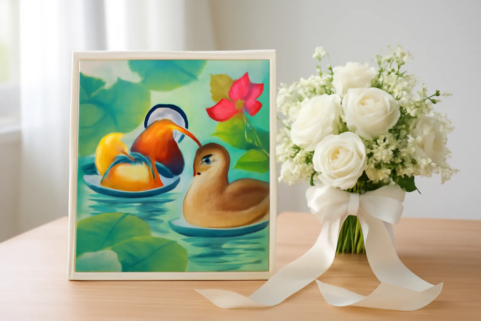Bức tranh lụa đôi uyên ương đặt cạnh bó hoa cưới trắng trên bàn