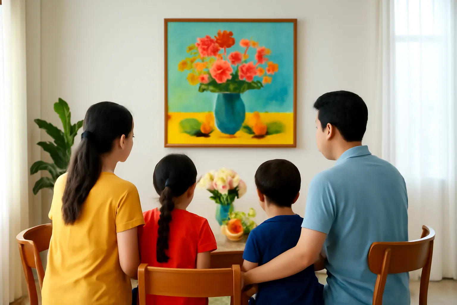 Bàn ăn gỗ có bình hoa, bức tranh tĩnh vật trên tường, gia đình nhìn từ phía sau