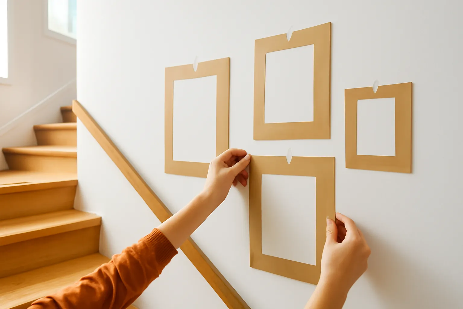 Những tờ giấy kraft cắt theo khổ tranh dán thử dọc tường cầu thang, bàn tay đang chỉnh