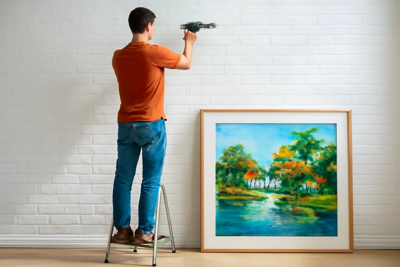 Người đàn ông đứng trên thang khoan tường gạch để treo tranh lớn