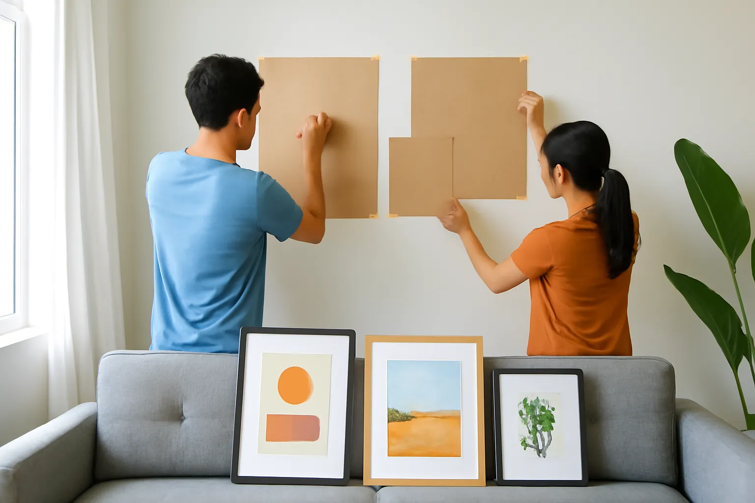 Cặp vợ chồng dán giấy kraft ướm bố cục cụm tranh lên tường phòng khách
