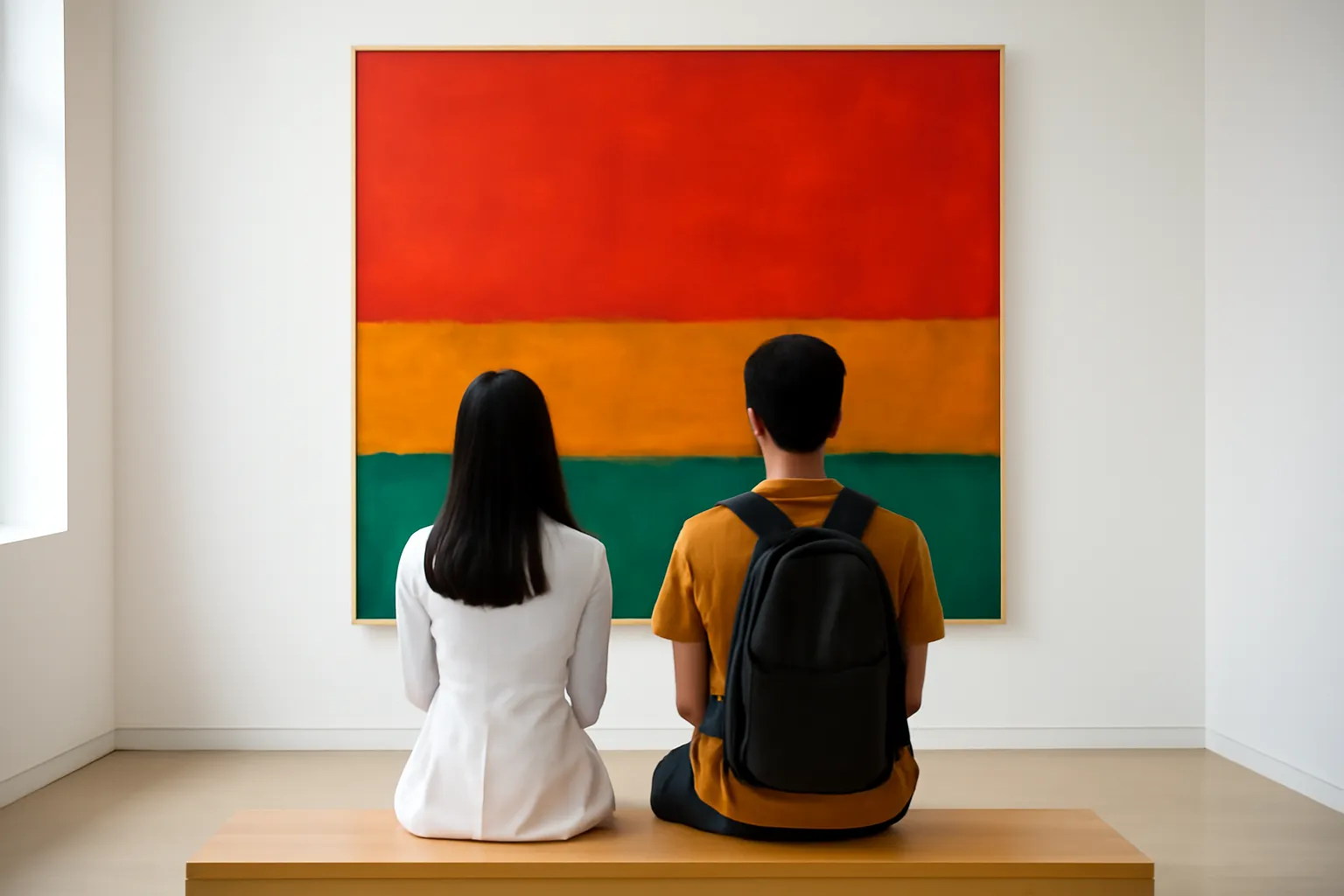 Hai bạn trẻ ngồi băng ghế ngắm bức tranh trừu tượng khổ lớn trong phòng trưng bày