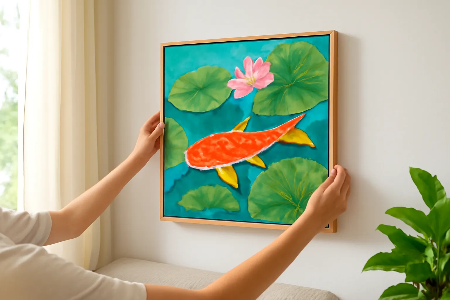 Bức tranh lụa đàn cá chép đỏ cam treo trên tường phòng khách sáng sủa